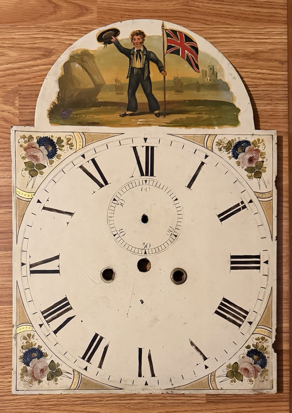 Antique 1800s Grandfather Clock Face Hand Painted Iron Tall Case UK Flag Design