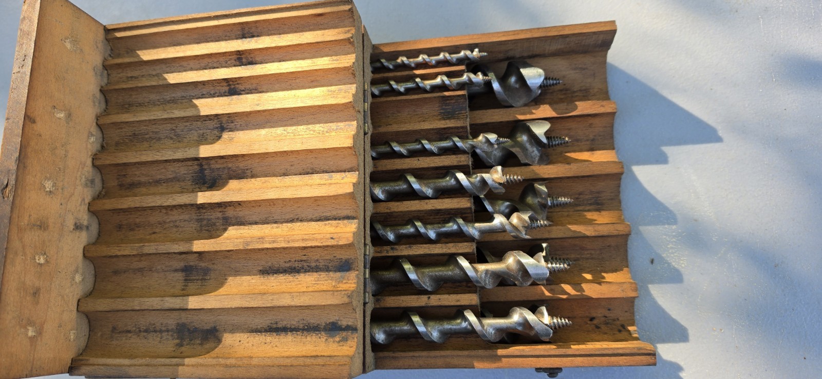 Vintage Greenlee No. 22 Auger Bit Set in Wooden Box Hand Brace 12 Bits Missing 1