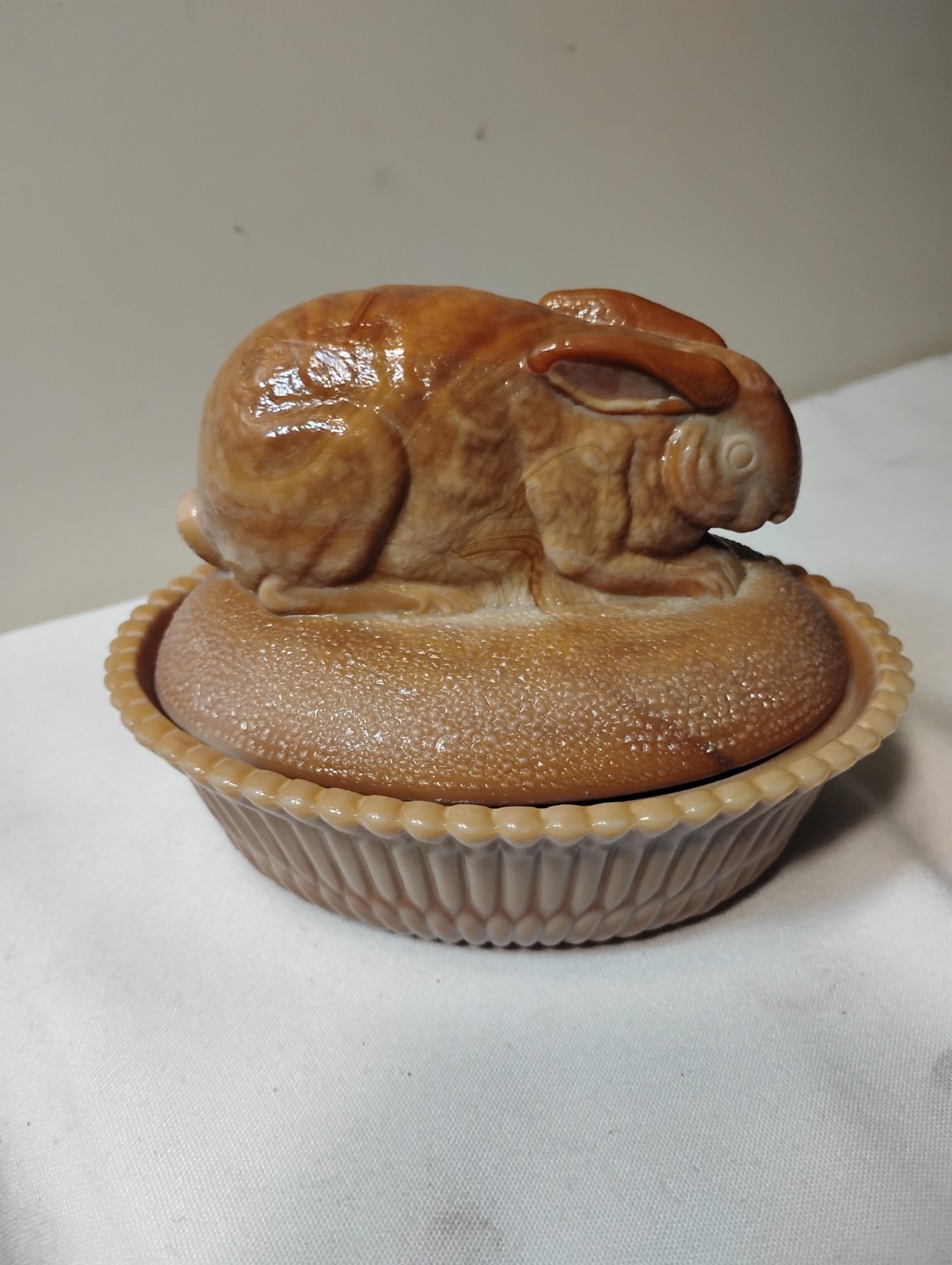 RARE Vtg Summit Glass Rabbit on Nest Chocolate Slag Candy Dish Gold Foil Label RARE Vtg Summit Glass Rabbit on Nest Chocolate Slag Candy Dish Gold Foil Label