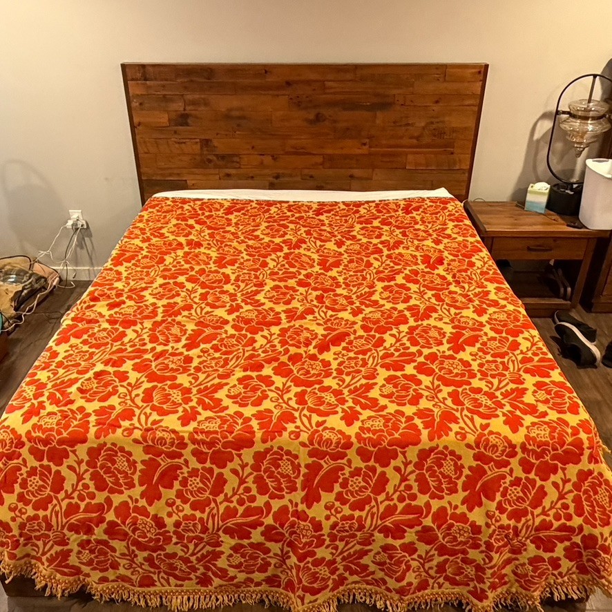 VTG 1960s FRINGED Floral Flower Tapestry Bedspread MCM Retro Boho King Blanket
