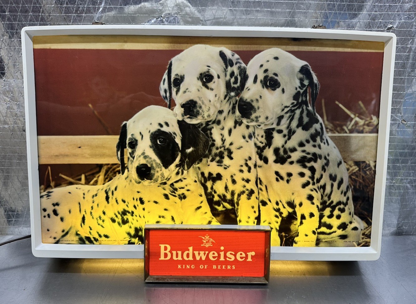 Vintage 1950s Budweiser Beer Lighted Sign Three Dalmatian Dog Puppies Scene