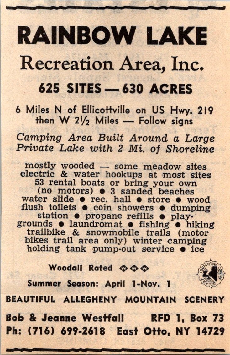 Rainbow Lake Rec Area Inc Bob & Jeanne Westfall East Otto NY 1974 Ad 4AK6-S44