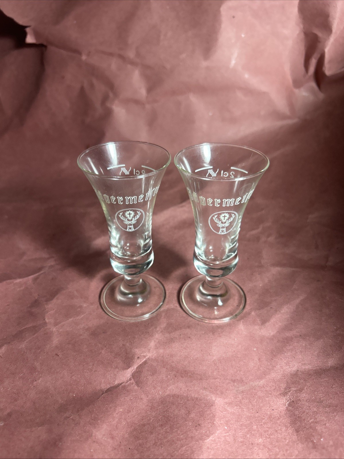 Jagermeister Stemmed Fluted Cordial Shot Glasses White Etching 2 CL ~ Set of 2