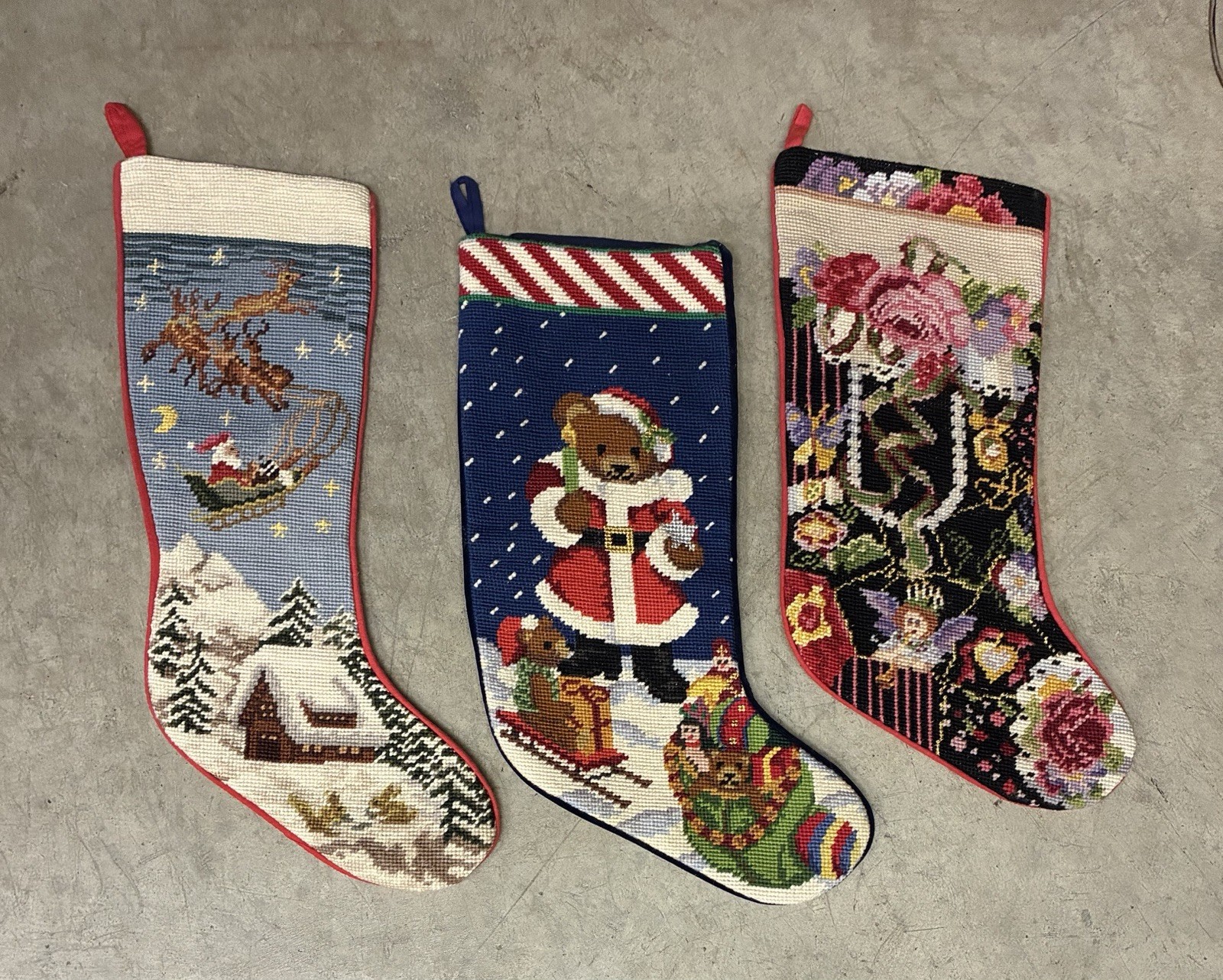 Vintage Lot Of 3 Handmade Needlepoint Stocking Santa Christmas Angel Teddy Bear