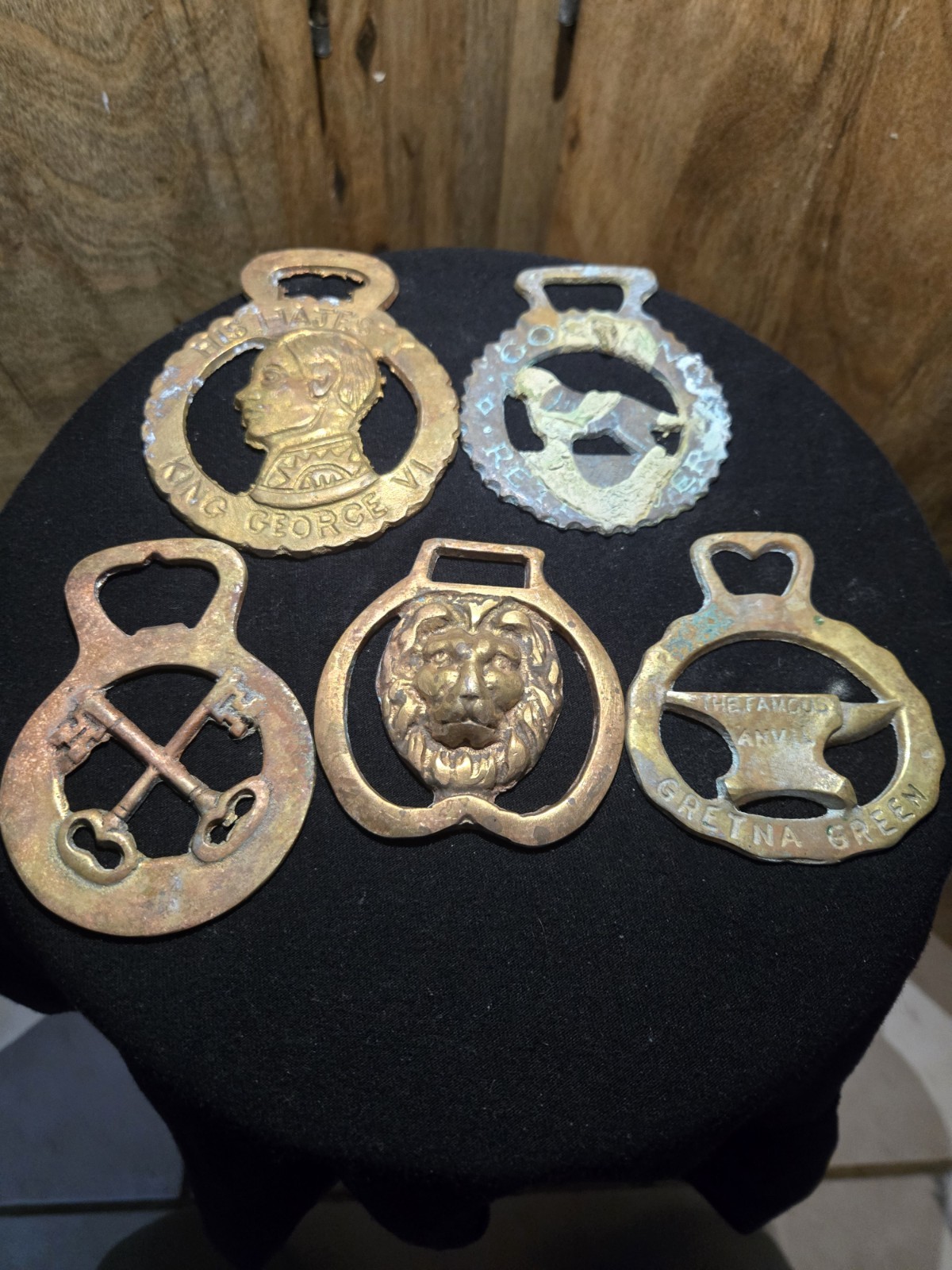 Lot of 5 Vintage English Horse Brasses King George VI Gretna Green Peerage Brass