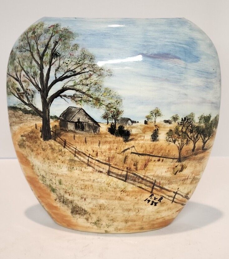 Vintage 1988 Pillow Vase Handpainted Ranch Farmhouse Country Handmade Ceramic