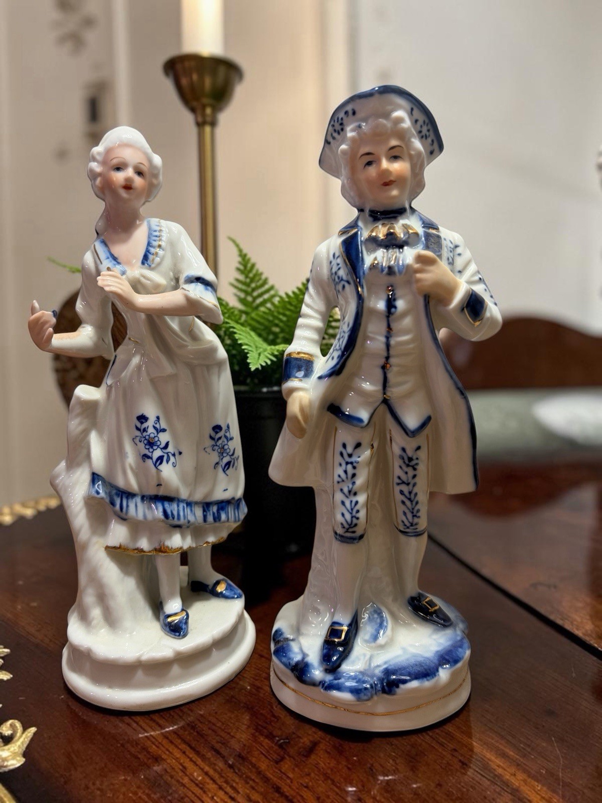 Vintage Colonial Couple Porcelain Figurines Blue White George Martha Style Pair