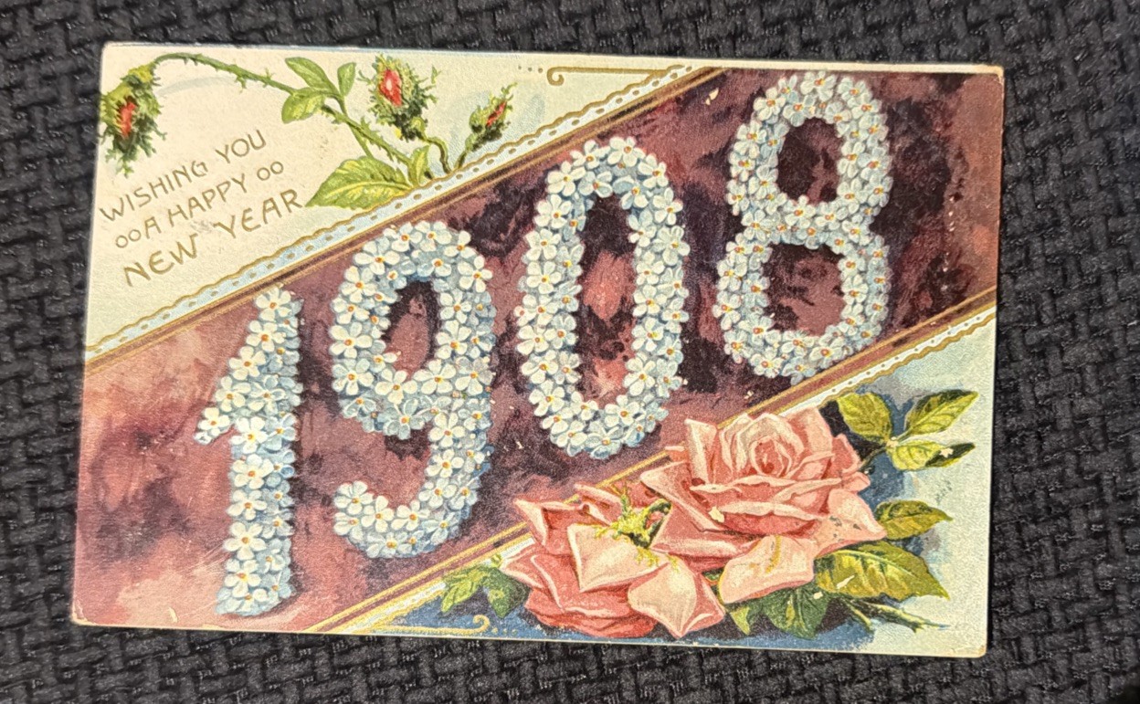 New Year Postcard 1908 Flowers Large Numbers Roses Pink Embossed Antique Posted