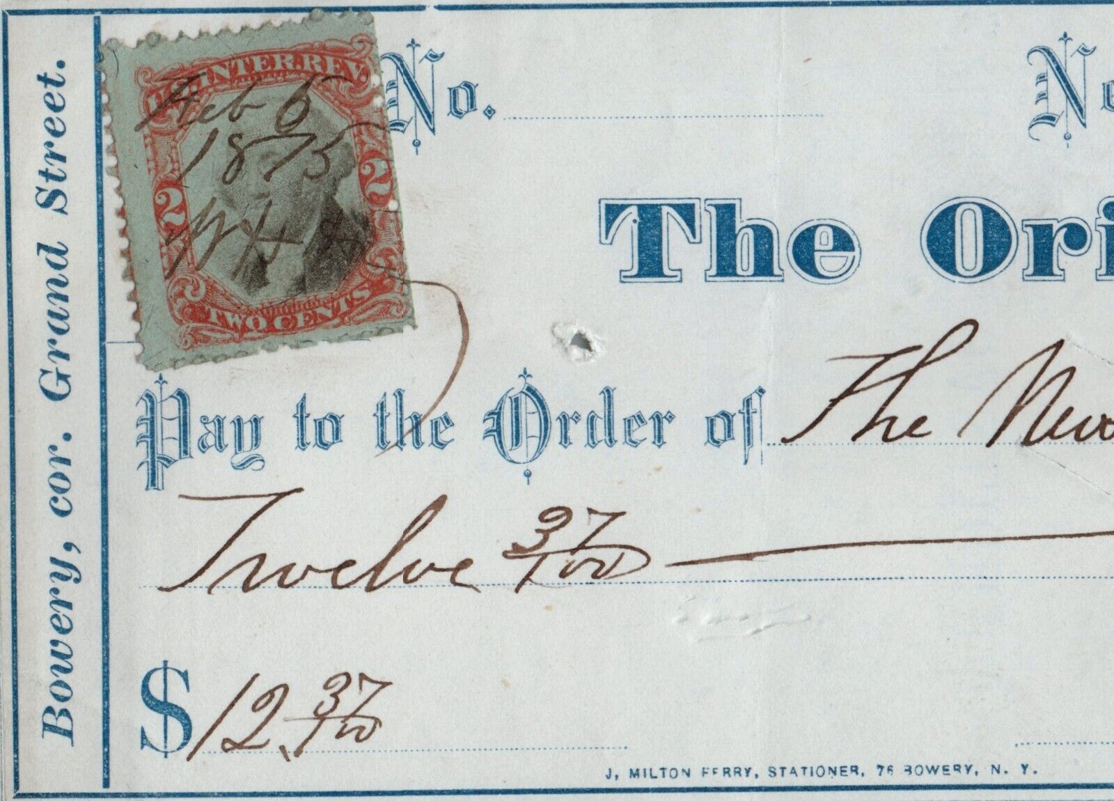 Vintage 1875 Bank Check Cheque THE ORIENTAL BANK New York with Revenue Stamp