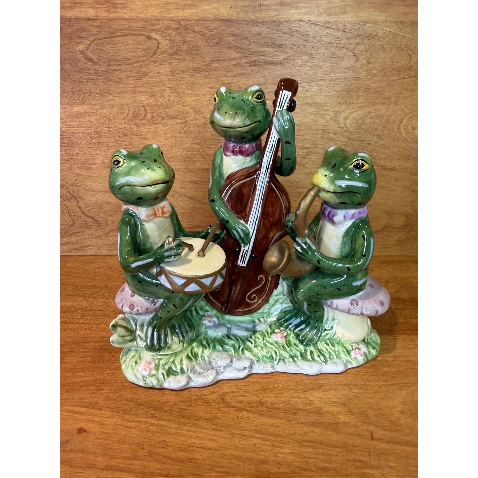 Vintage Lily Pad Lane jazz band, frog trio, ceramic whimsical art retro