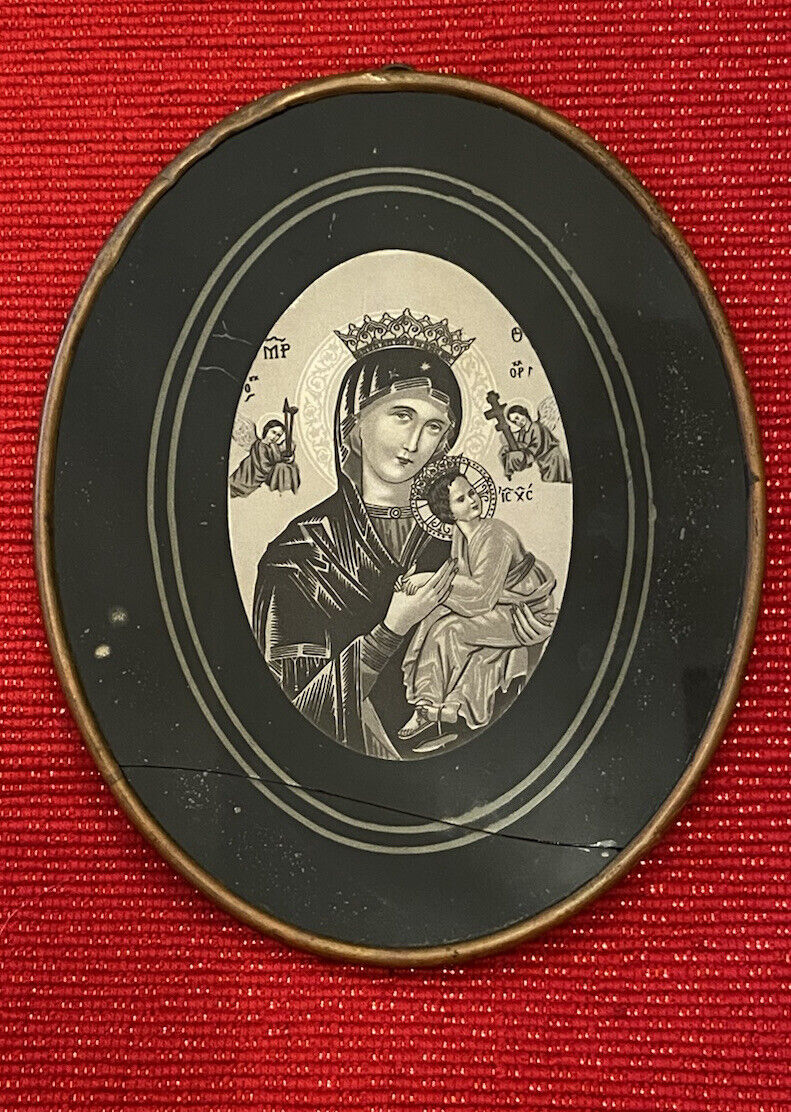 Vintage Icon Our Lady of Perpetual Help, With Glass...crack In Glass, See Pic
