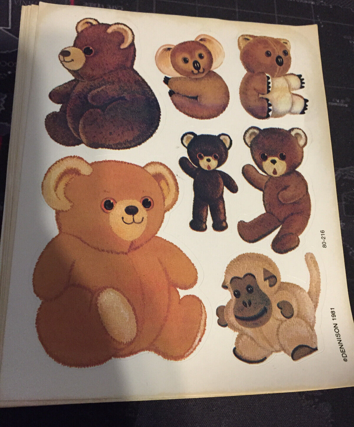 VINTAGE DENNISON BEAR STICKERS 1 SHEET 7 STICKERS 1981 NOS