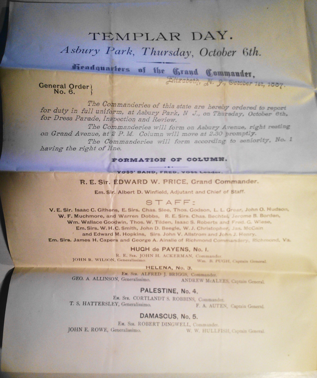 1887 Grand Commandery NJ General Order 6 Templar Day Asbury Park Knights Masonic