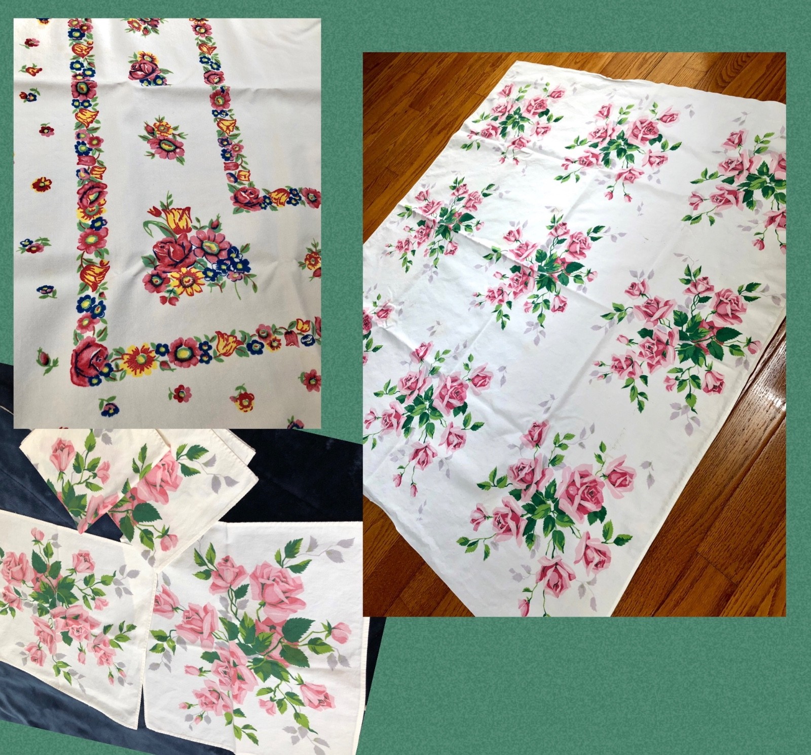 5Pc LOT) VTG 1950s WILENDUR PINK AMERICAN BEAUTY ROSES Tablecloth Napkins +BONUS 5Pc LOT) VTG 1950s WILENDUR PINK AMERICAN BEAUTY ROSES Tablecloth Napkins +BONUS