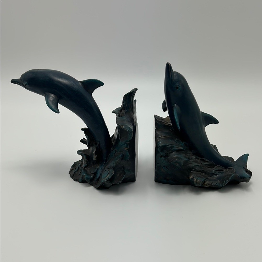 VTG 2000s Enesco Dolphin Bookends Dark Blue Waves