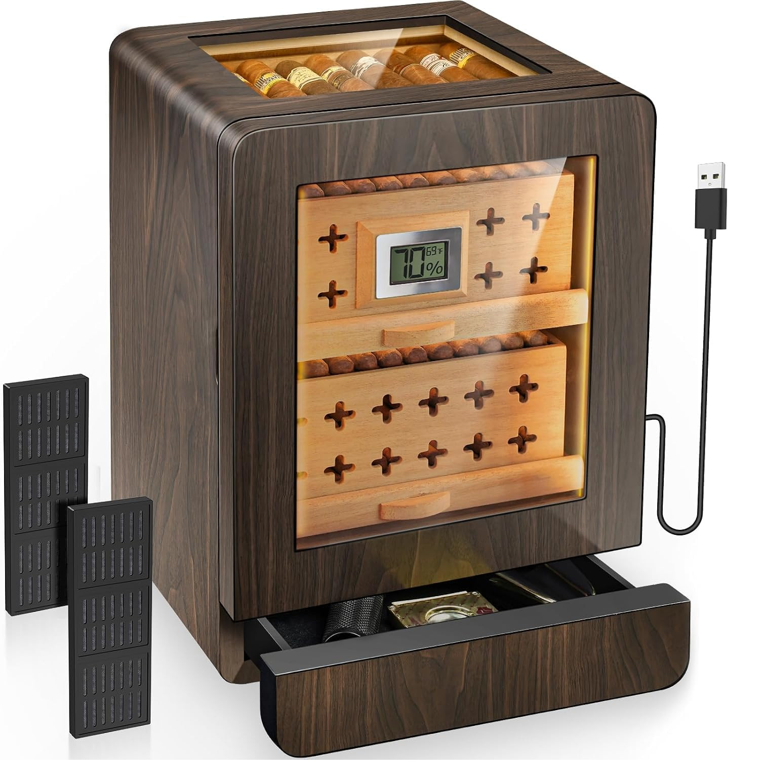 Flauno Electric Cigar Humidor Cabinet Digital Hygrometer Dual Fans LED Drawer