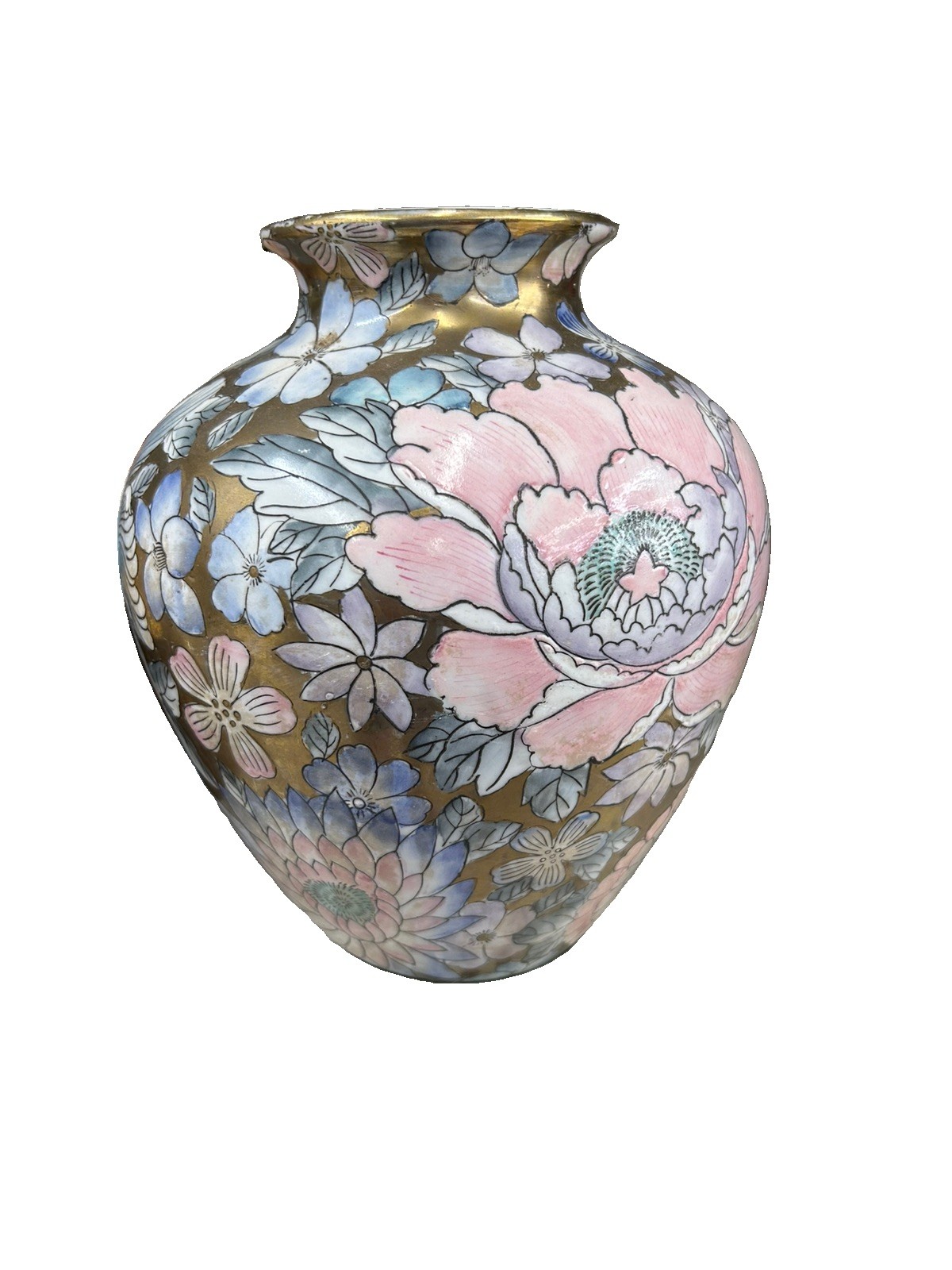 Vintage China Trader Hand Painted Floral Glazed Ceramic Round Vase 10in