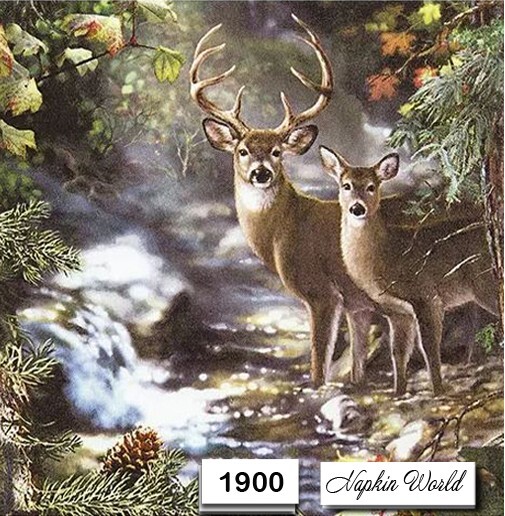 (1900) TWO Paper LUNCHEON Decoupage Art Craft Napkins - DEER BUCK DOE AUTUMN