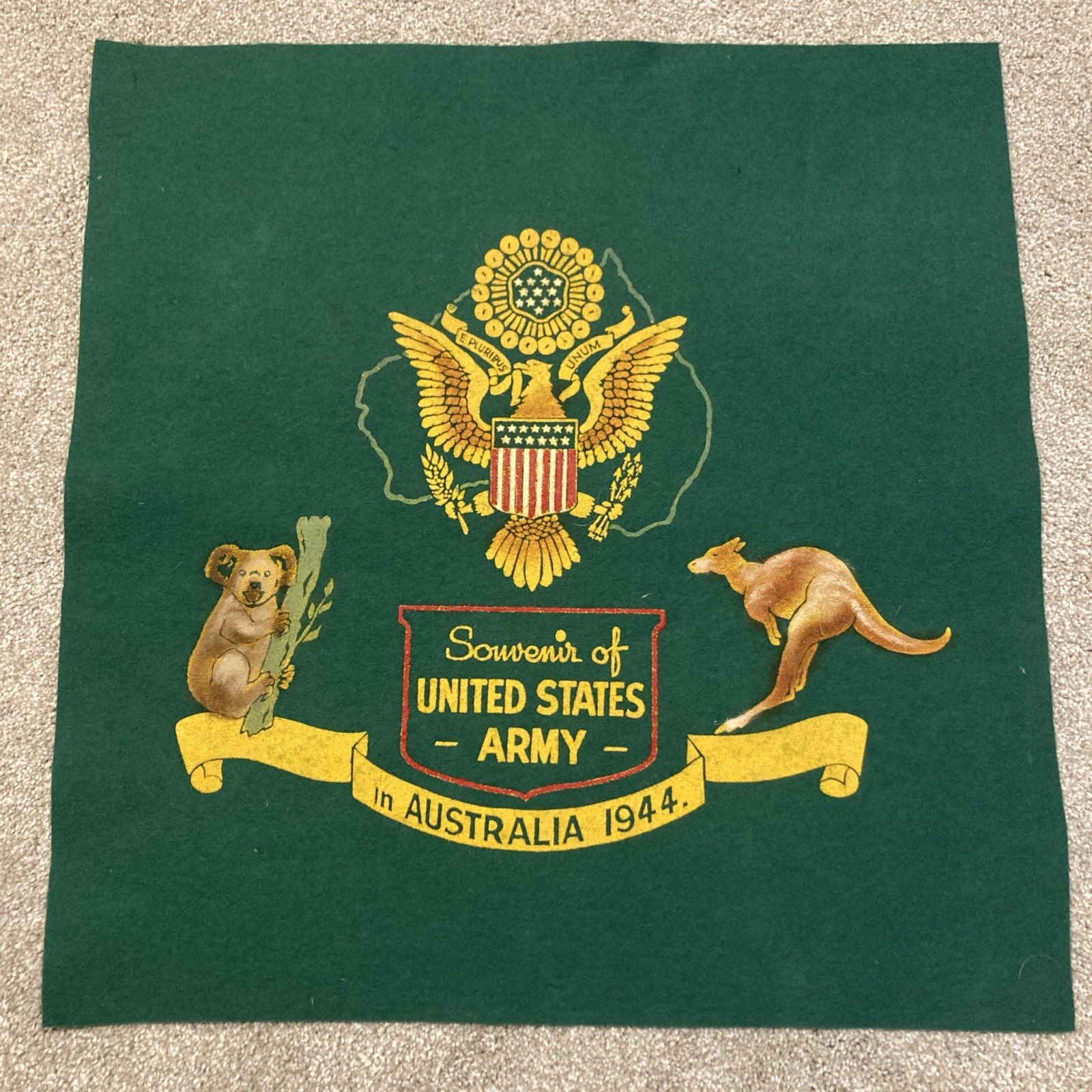 WWII Souvenir of US Army in Australia Felt Square 1944 Koala Kangaroo 18”x18.5”