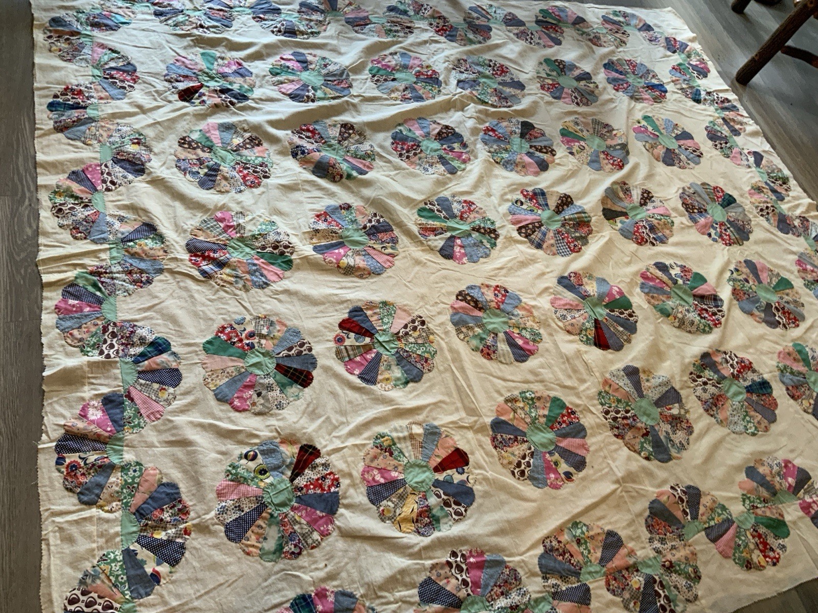 Antique Patchwork Quilt Top, 1930’s Era, Dresden Plate, Cotton, Calico Prints