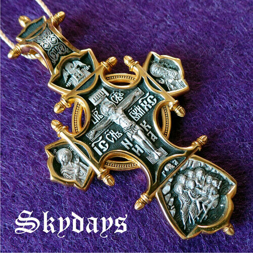 Orthodox Icon Cross Jesus Christ Russian Greek silver 925 + gold 999 #990495