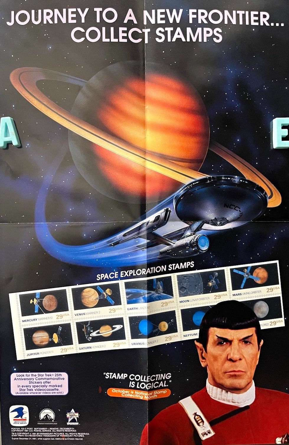 FREE SHIP Vintage 1991 Star Trek USPS Poster 14x21 Spock Enterprise Space Stamp