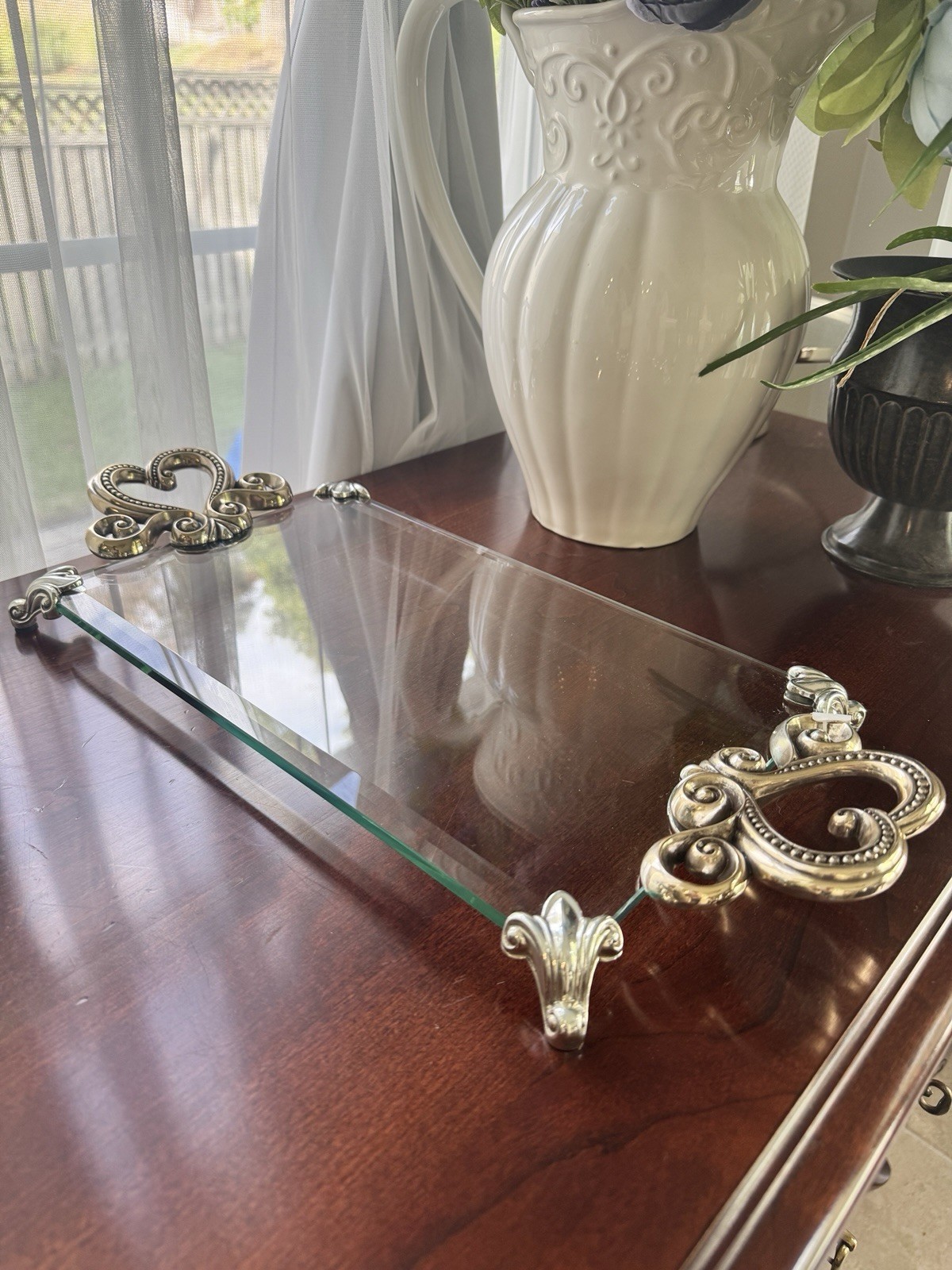 NWT Vintage Brighton Marie Antoinette Silver Ornate Glass Vanity Tray Home Decor