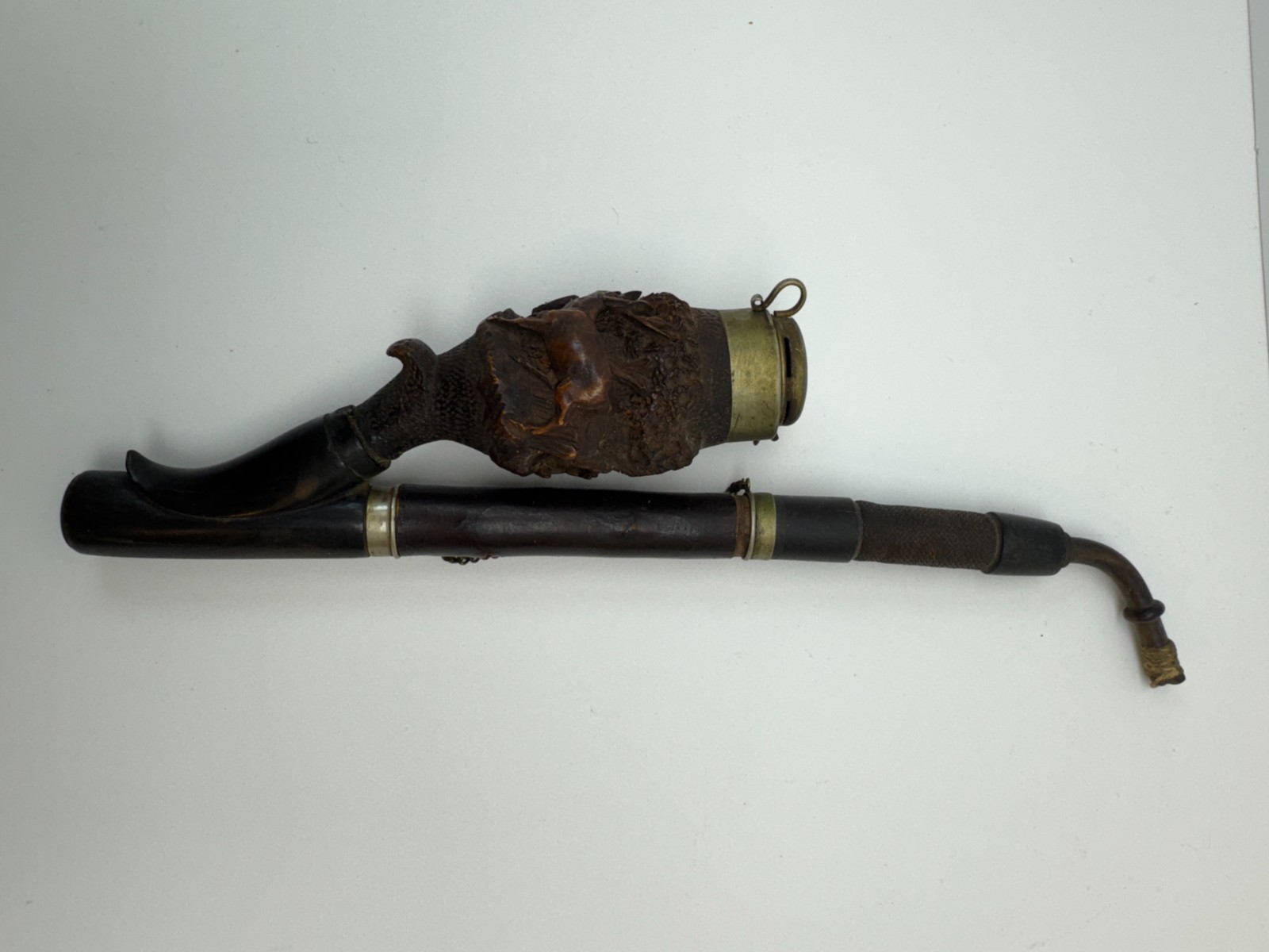 Antique German Bavarian Hunter Smoking Pipe Hand Carved Wood Deer Forest
