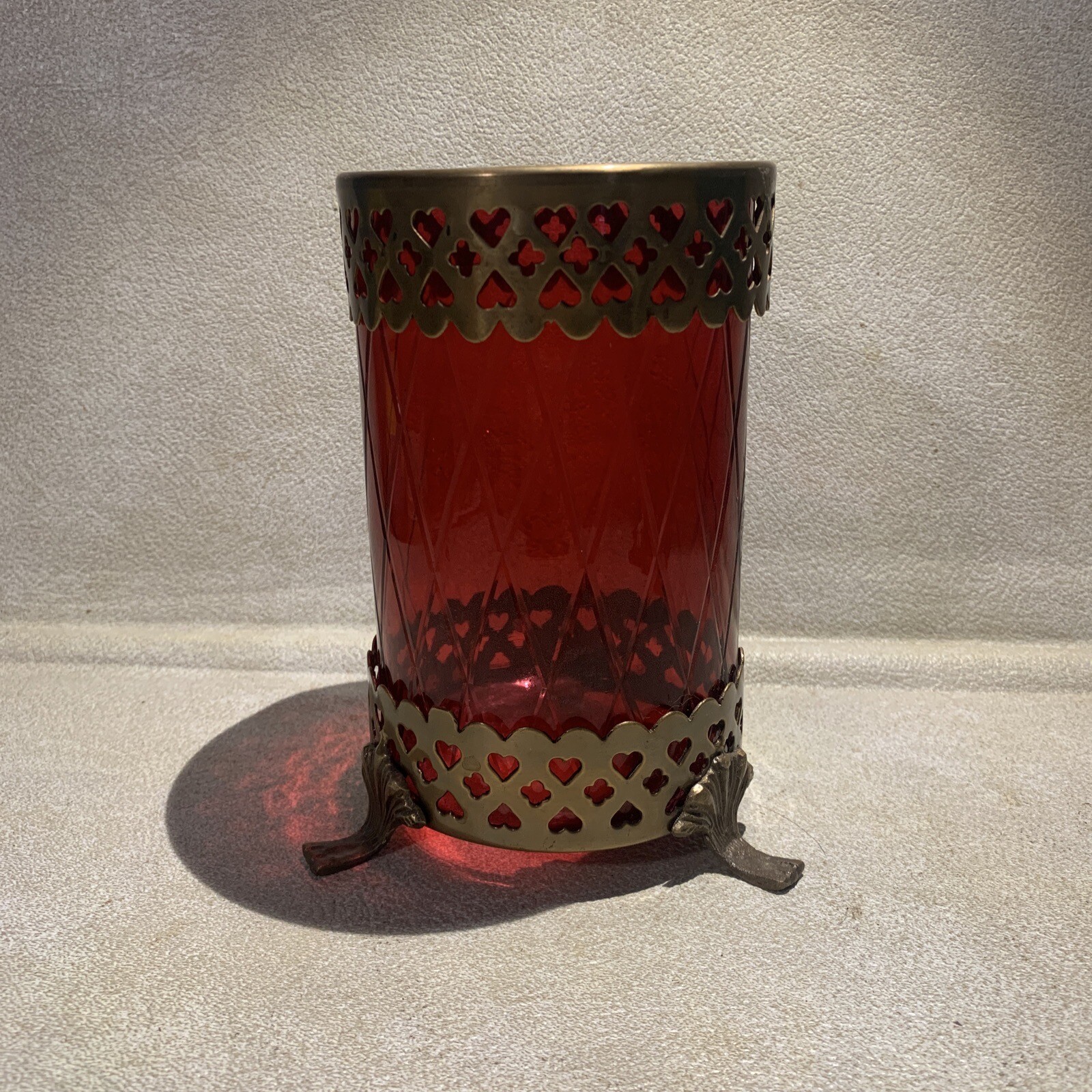 Vintage Bohemian Footed Ruby Red Diamond Cut w/Brass  Trim 7\