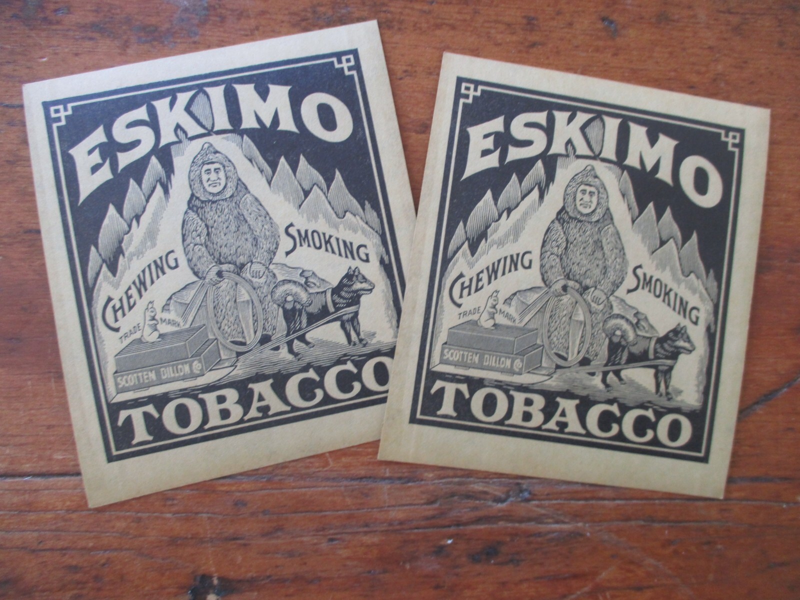 2 ~4 x 4 1/2 original antique labels ESKIMO CHEWING SMOKING TOBACCO Scott Dillon