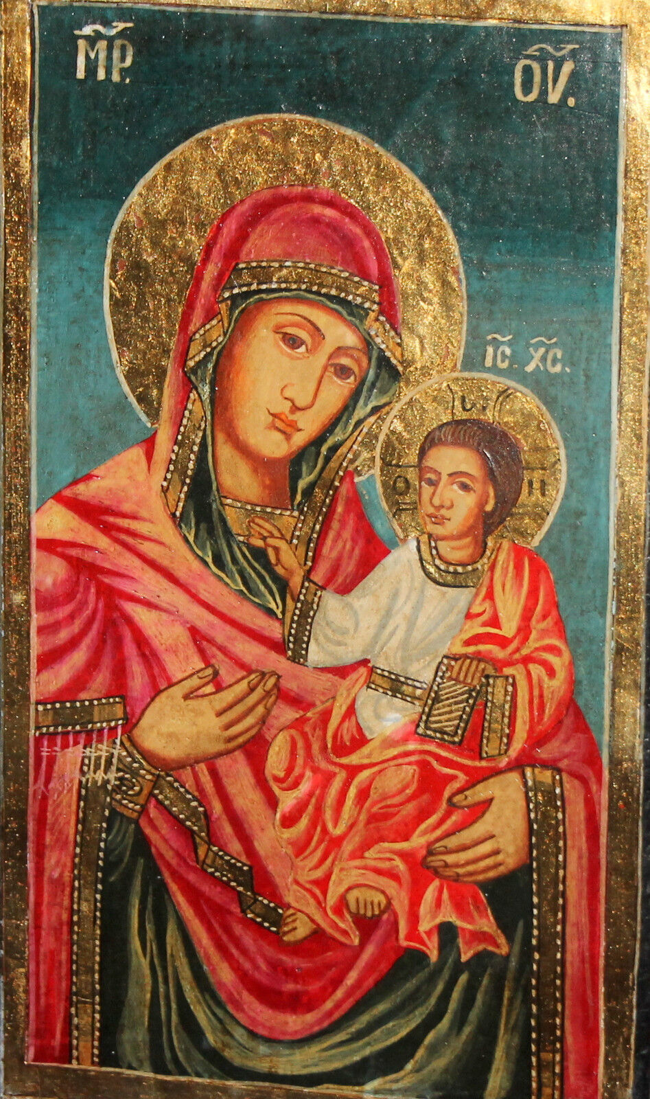 VINTAGE HAND PAINTED TEMPERA ON WOOD THE VIRGIN AND CHRIST CHILD