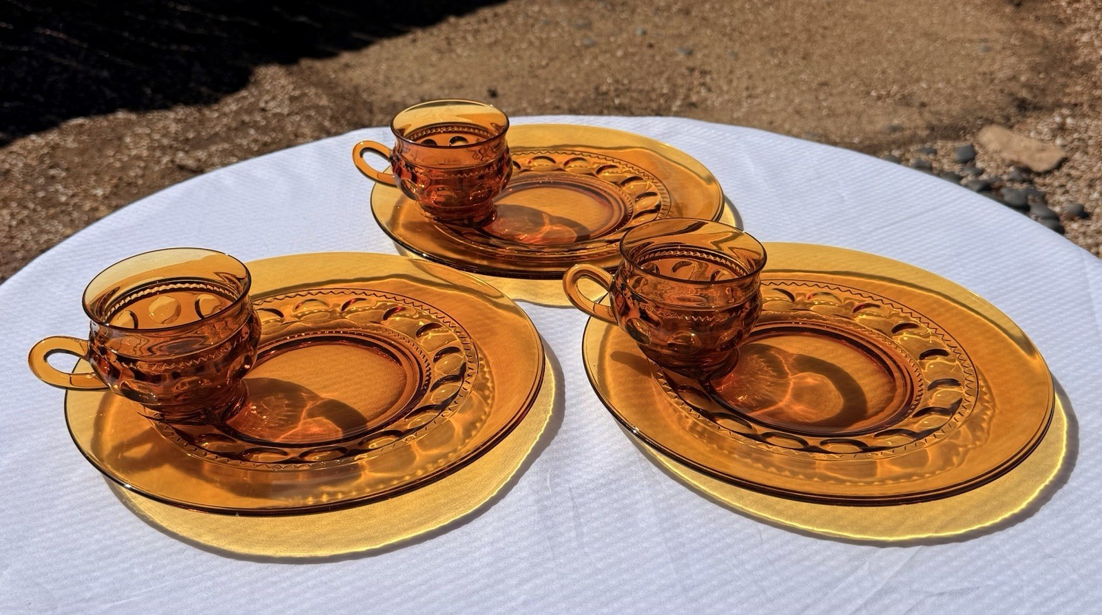 Set of 2 Vintage Indiana Glass Amber Kings Crown Thumbprint Snack Sets