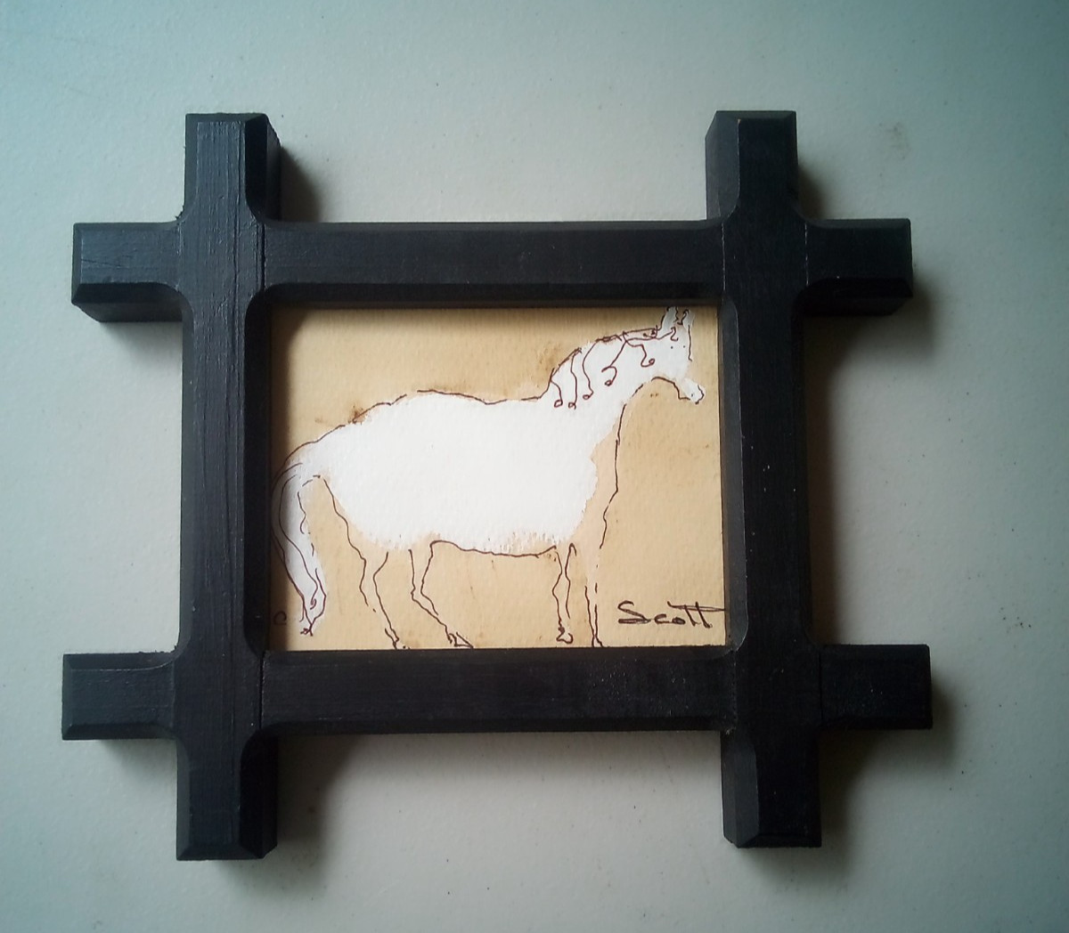 Vintage Small Black Wood Tramp Folk Art Frame Original Horse Drawing Artwork