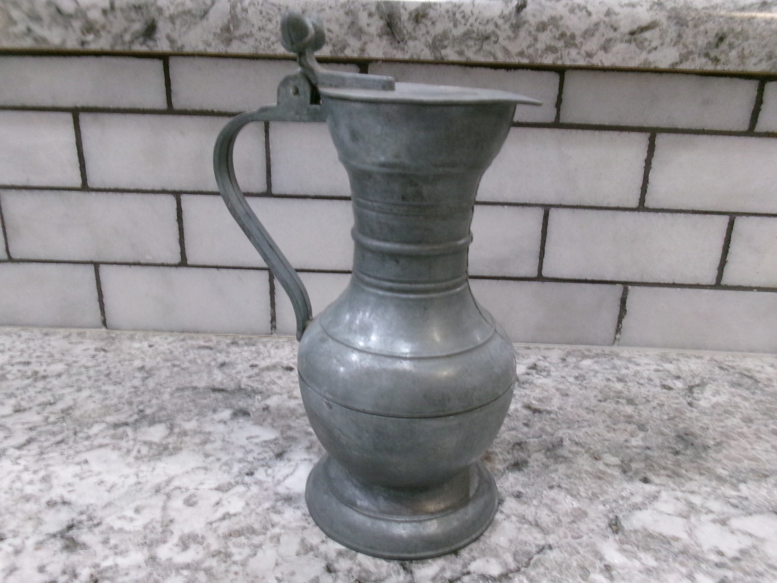 Antique Pewter Pitcher, Acron Thumb-Lift Hinge Lid 6.5