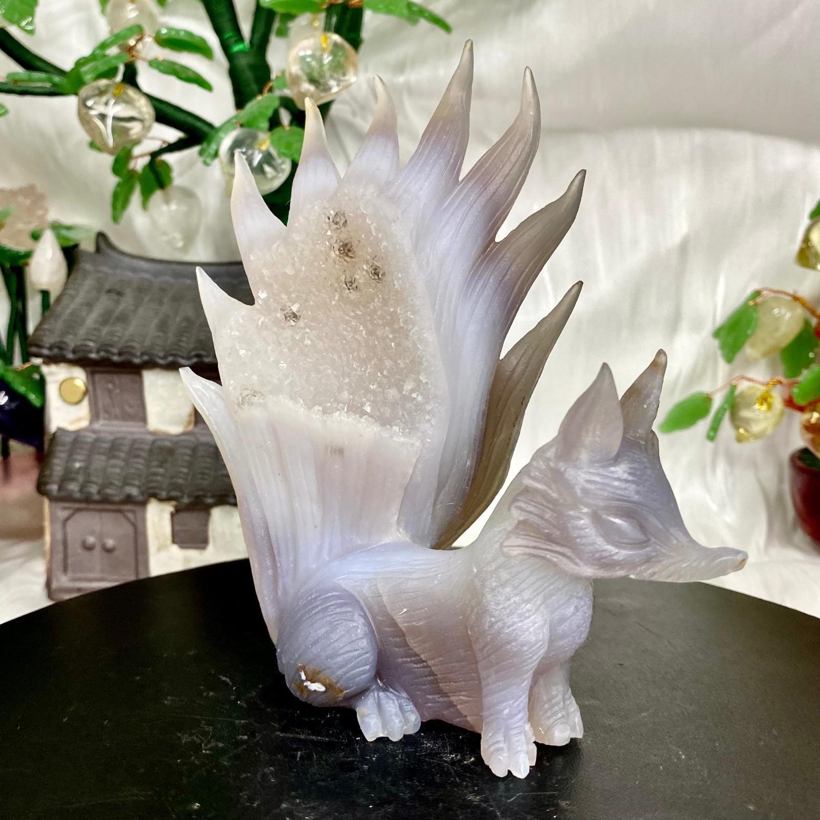 465G Natural Amethyst Geode Hand Carved Nine-tailed Fox Quartz Crystal Decor