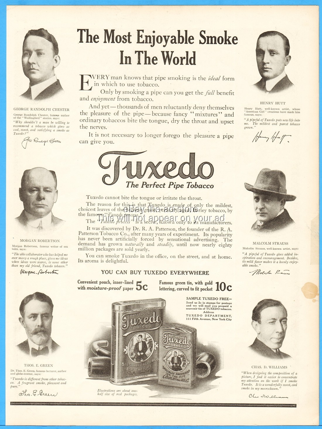 1912 Patterson\'s Tuxedo Pipe Tobacco George Randolph Chester Henty Hutt Ad