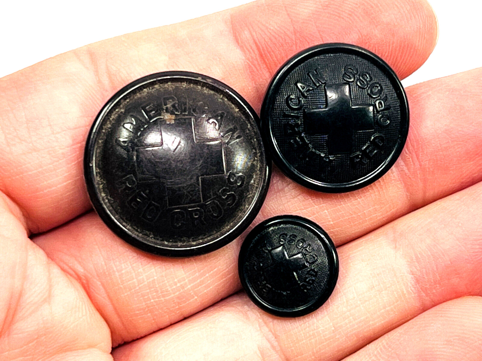 Lot (3) Antique 1900s WW1 WWI WW2 WWII Red Cross Medical Uniform Buttons