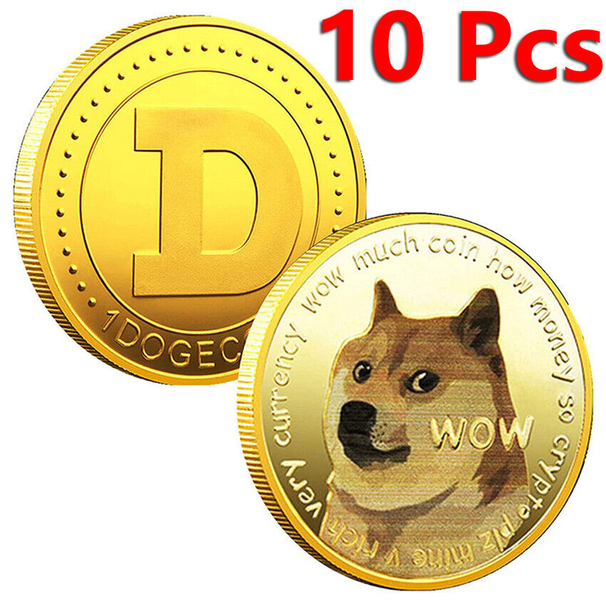 10 Pcs Gold Plated Commemorative Dogecoin Bitcoin Fanatics Collectors Decoration