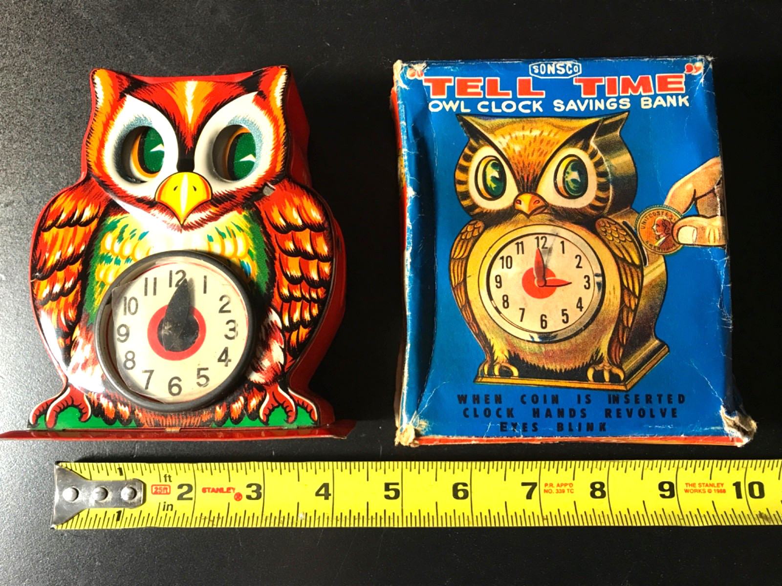 Vintage “TELL TIME” Owl Clock Savings Tin Bank Sonsco Japan w/BOX WORKS