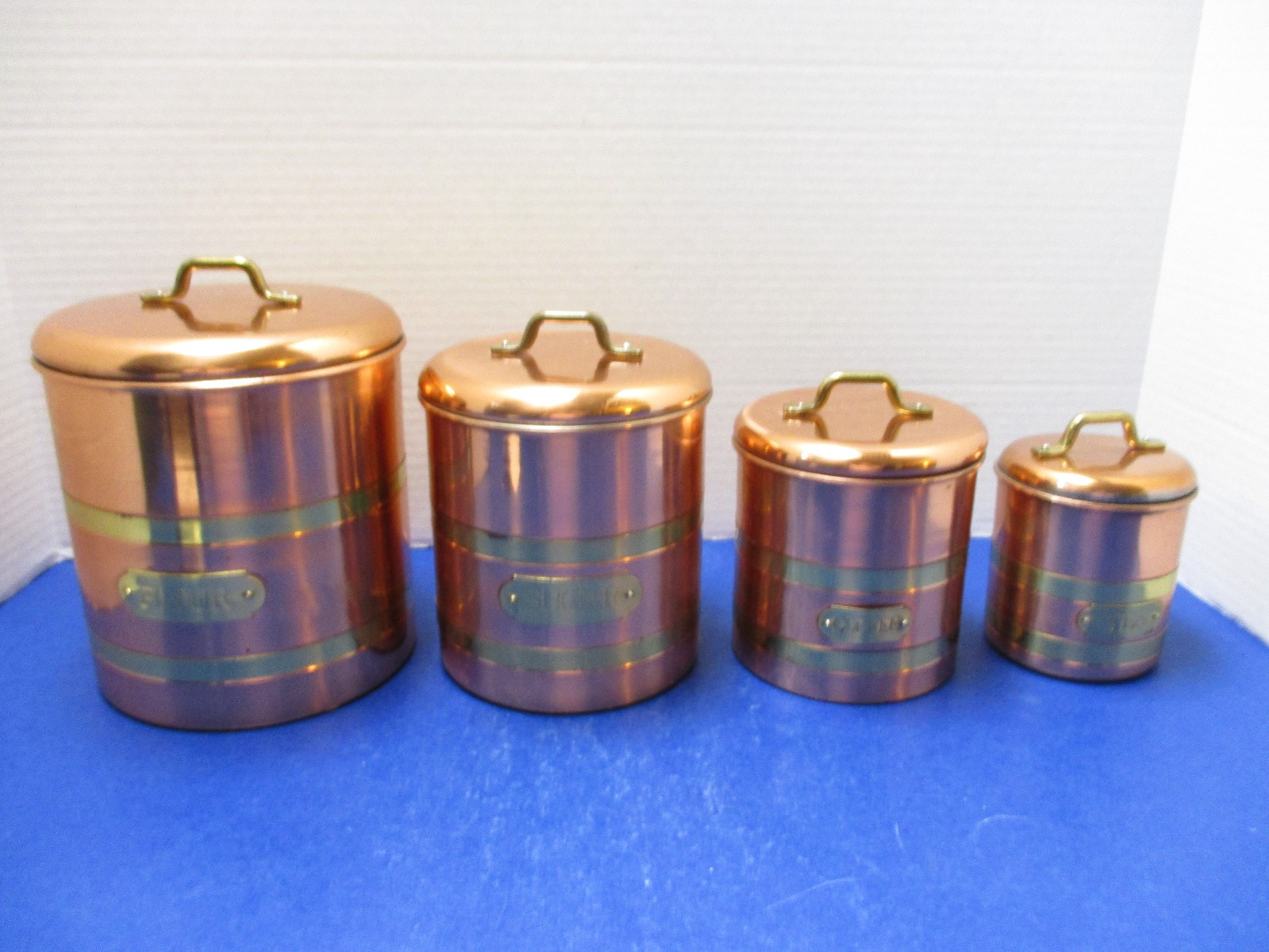 Vintage Copper 4 Pc Nesting Canister Set Brass Labels Korea