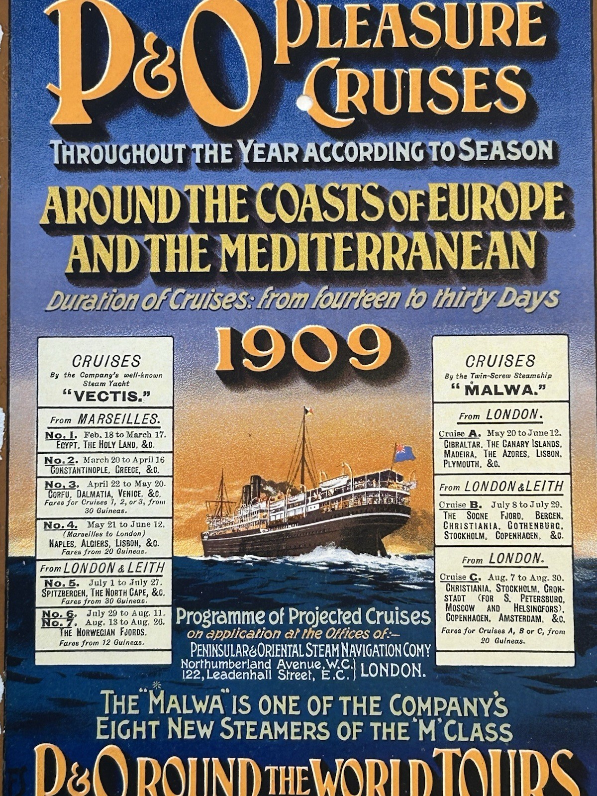 Original 1909 P&O Pleasure Cruises Schedule Postcard SS Malwa Vectis Litho RARE Original 1909 P&O Pleasure Cruises Schedule Postcard SS Malwa Vectis Litho RARE