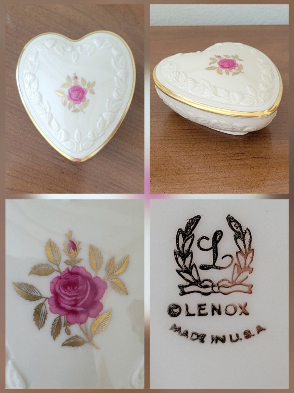 Vintage Lenox Rhodora Heart Trinket Box Pink Rose 24K Gold Trim Made in USA