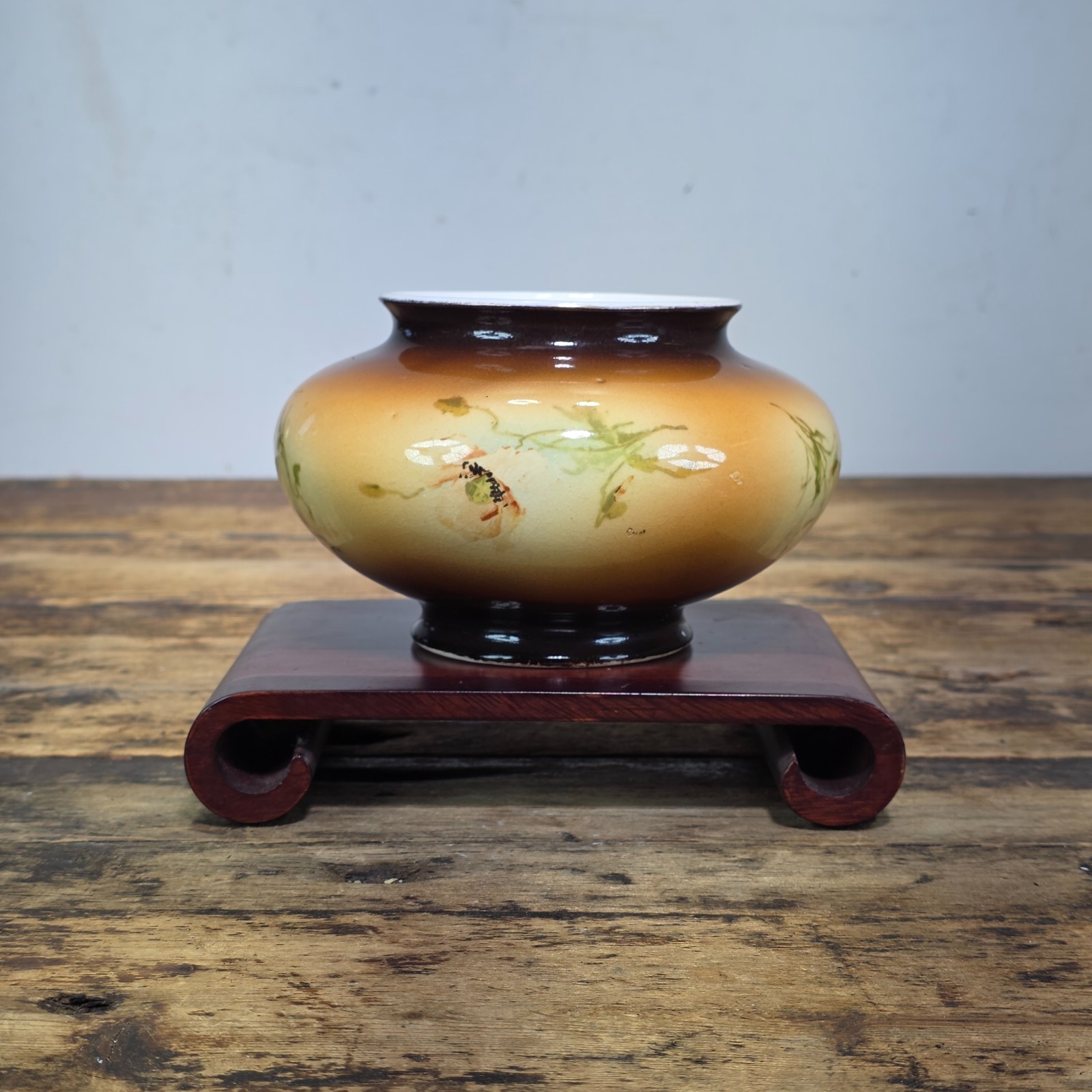 Antique Warwick China IOGA Vase Bowl Floral Brown Art Nouveau Pottery 1900s 6”
