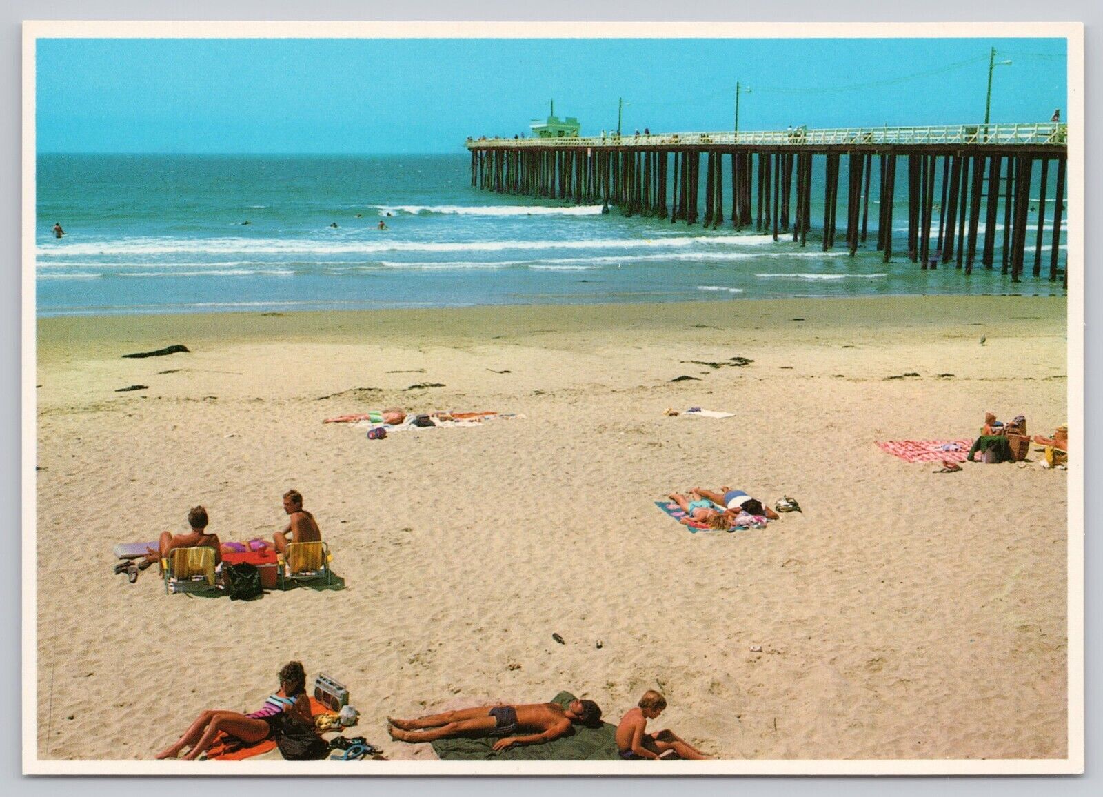Pismo Beach California, Sunbathers near Pier, Vintage Postcard