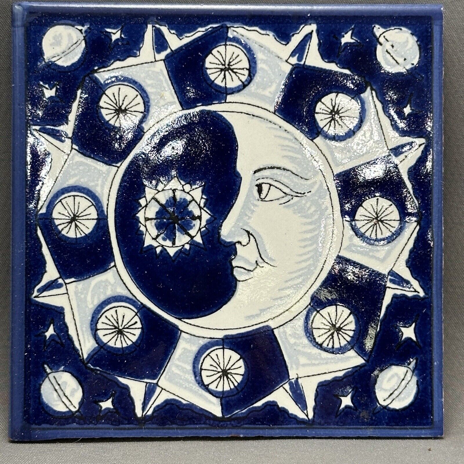 Spanish Blue White Man Moon Face Ceramic Painted  Decor Art Tile 3-7/8” Square