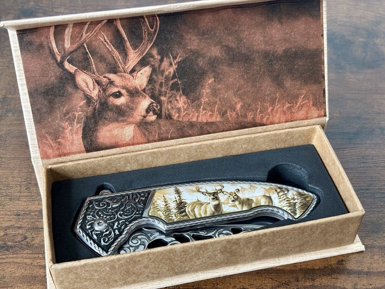 Deer Wildlife Gift Box Knife Stainless Steel Engraved Ornate Faux Ivory Handle