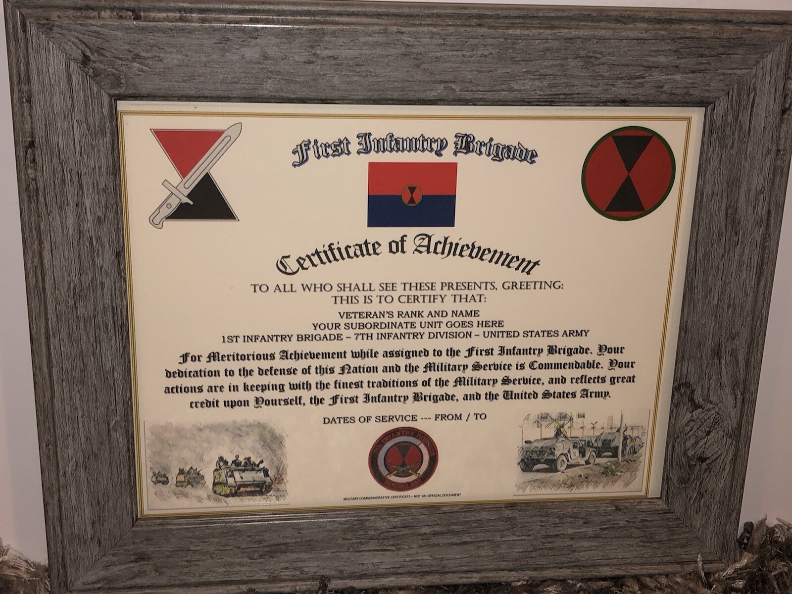 1ST INFANTRY BRIGADE - 7TH ID / ACHIEVEMENT (COMMEMORATIVE CERTIFICATE)