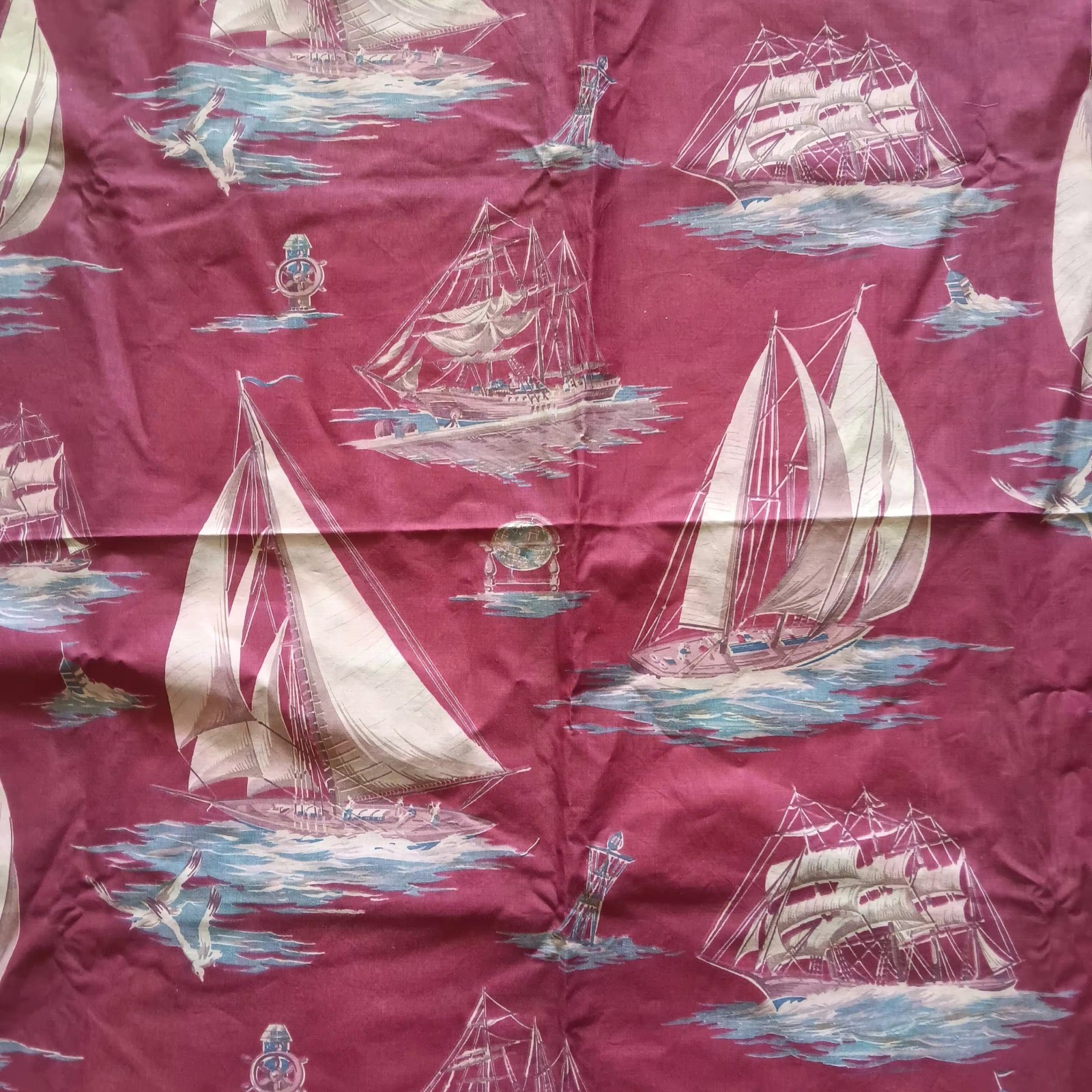 Vtg  50s NAUTICAL Coastal   Saiboat Lighthouse Fabric 37W x 3 1/3 yds Craftcore