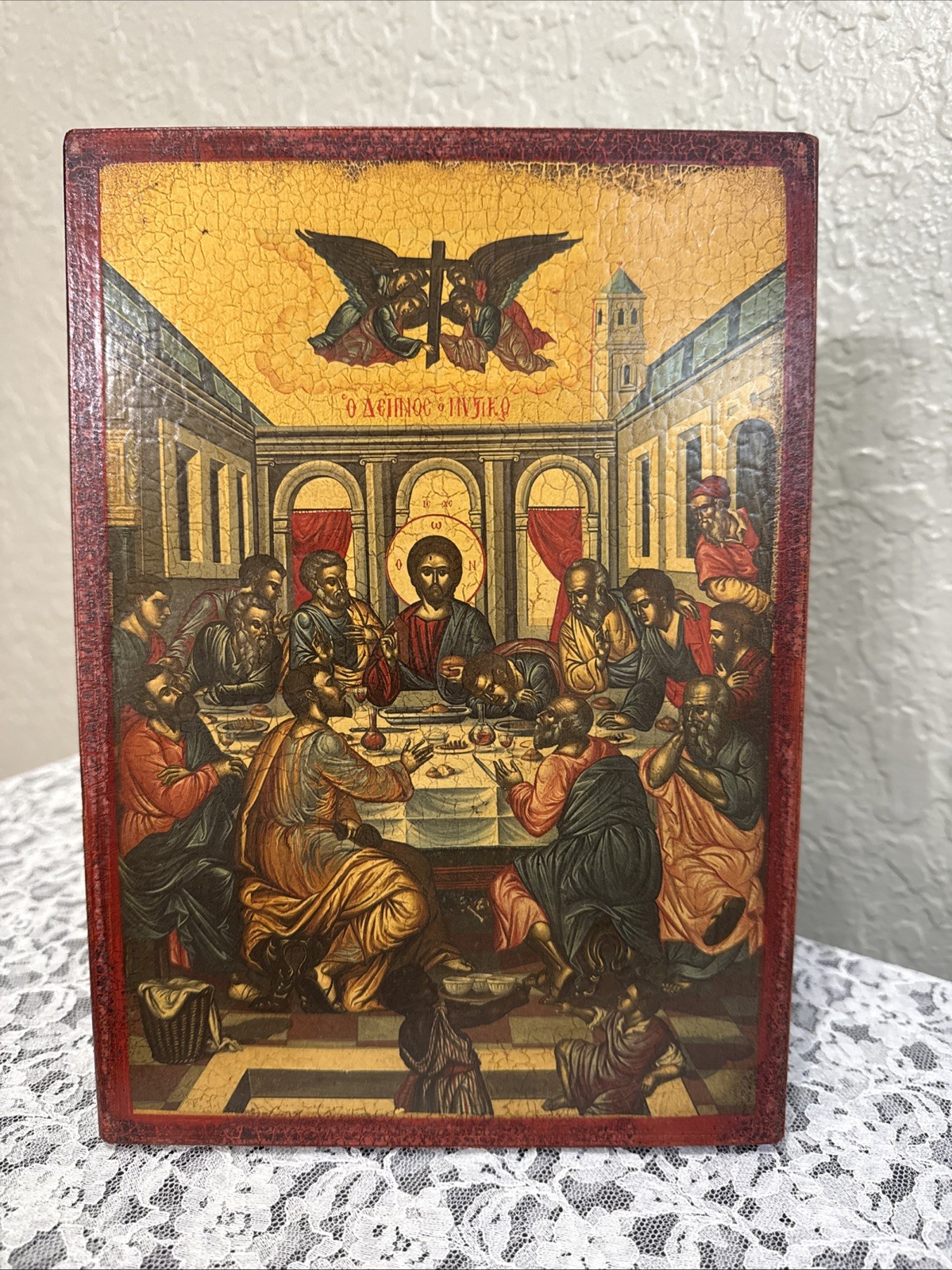 Byzantine Greek Orthodox Last Supper Wood Plaque Icon Jesus Apostles Greece