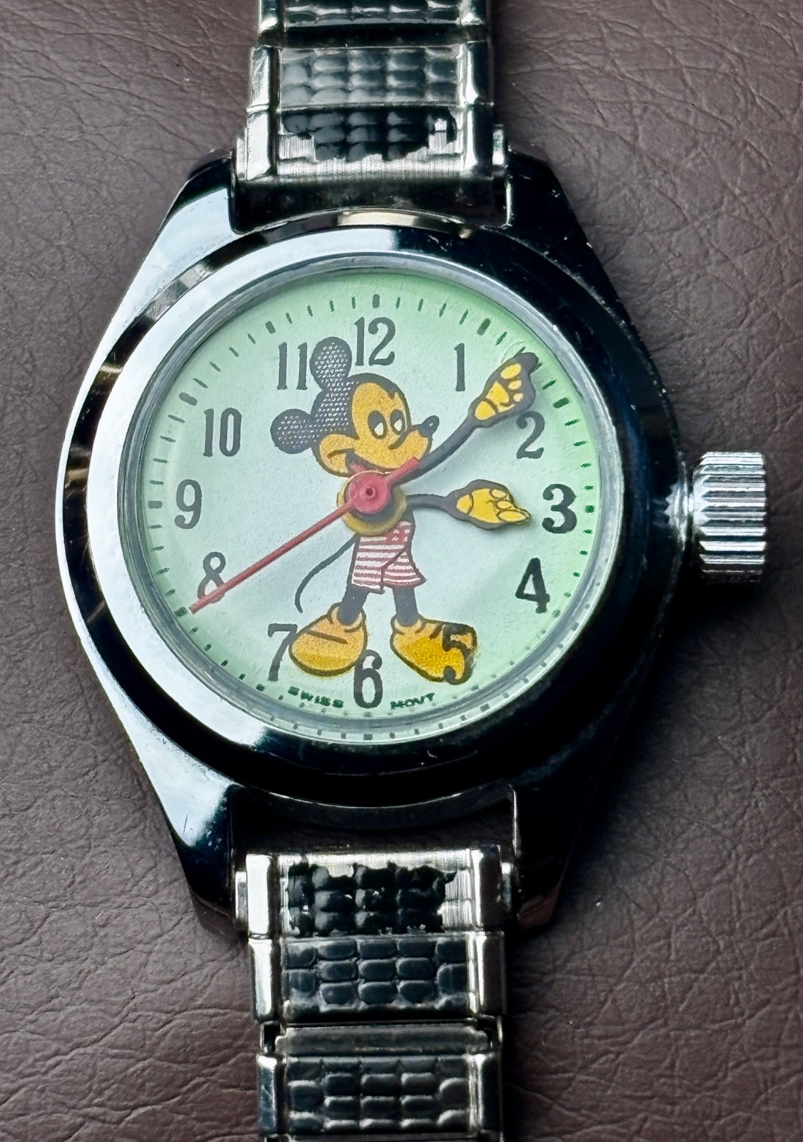 Vintage 1970s Mickey Mouse Mechanical Watch Swiss 1 Jewel Serviced Runs